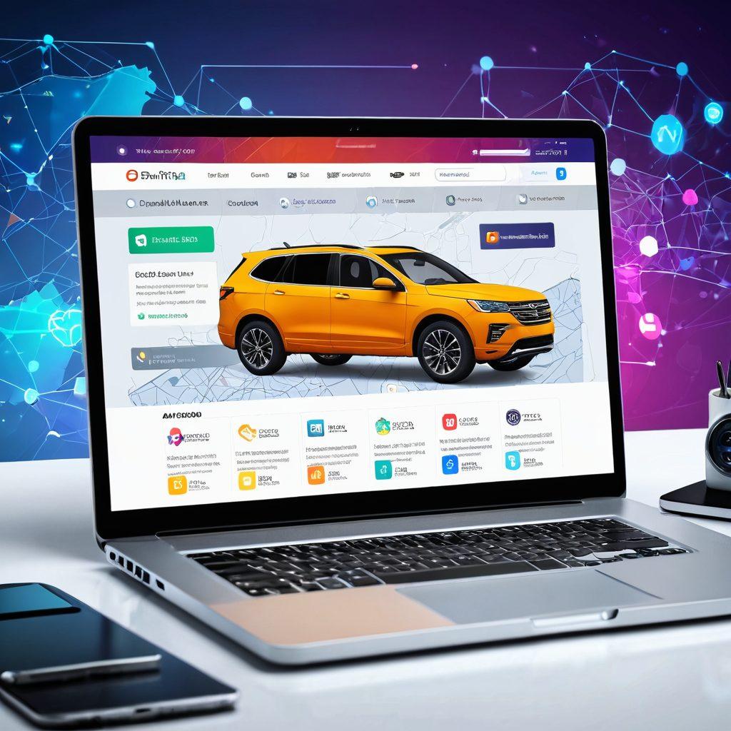 A sleek, modern laptop displaying a vibrant website with car reviews and resources, surrounded by various vehicle icons like SUVs, sedans, and trucks. The background features an abstract digital map that symbolizes online discovery. Incorporate elements such as thumbs-up icons and rating stars to express user feedback. Add a touch of innovation with a gradient effect that blends technology and automotive imagery. ultra-modern. vibrant colors. 3D.