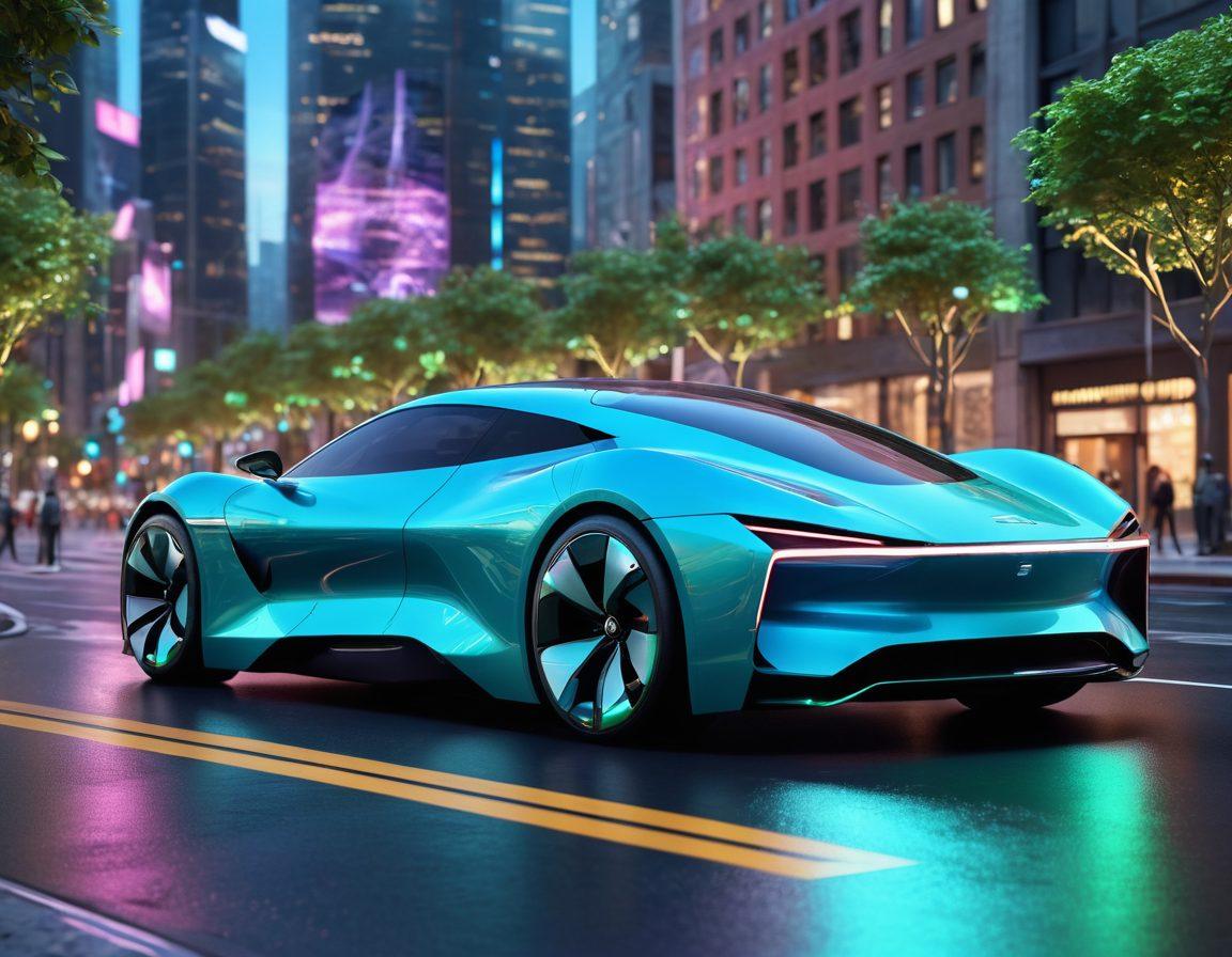 A sleek, futuristic car gliding through a high-tech cityscape illuminated by holograms of innovative auto technologies. Include visuals of advanced dashboard interfaces and electric charging stations. The backdrop should showcase a blending of nature and technology with greenery integrated into urban architecture. Soft glowing lights and dynamic angles to emphasize movement and progress. super-realistic. vibrant colors. 3D.